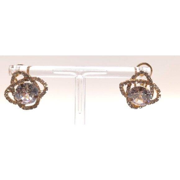 Vintage Gold-Tone Clip-On Earrings With Large Round Clear Rhinestones & Pave Set - Picture 6 of 8